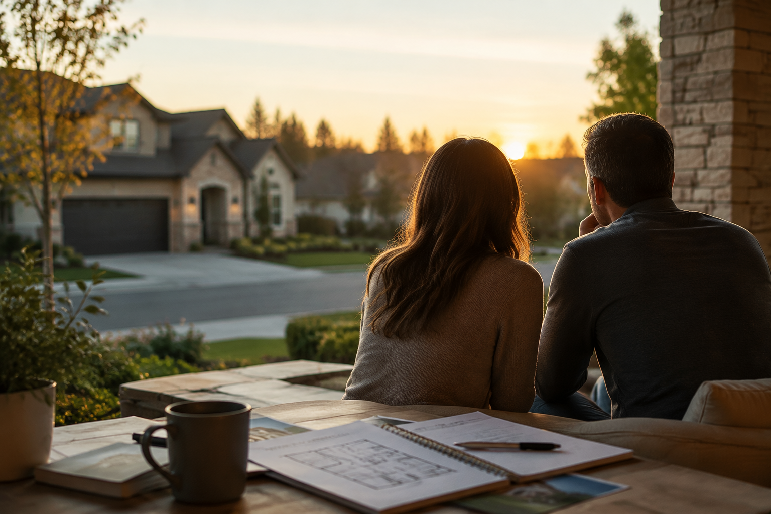 Couple reviewing their future home decision together while considering real estate plans at sunset