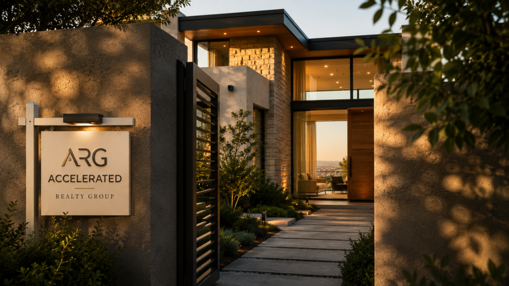 Contemporary home represented by Accelerated Realty Group with ARG real estate sign at the entrance.