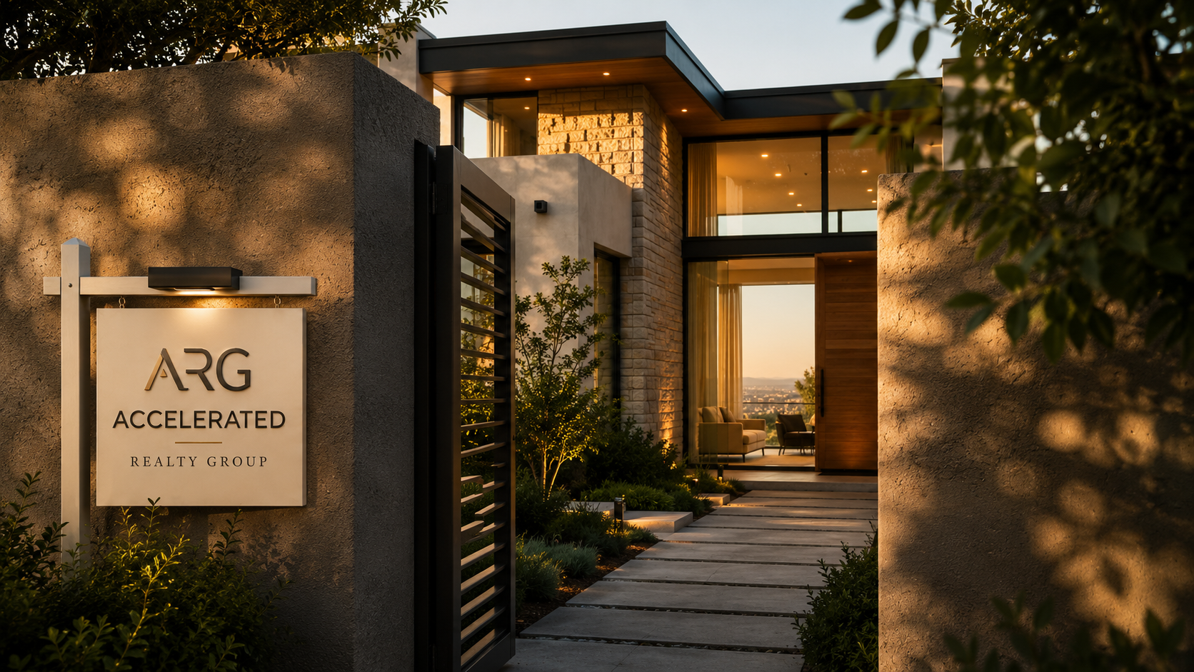 Contemporary home represented by Accelerated Realty Group with ARG real estate sign at the entrance.